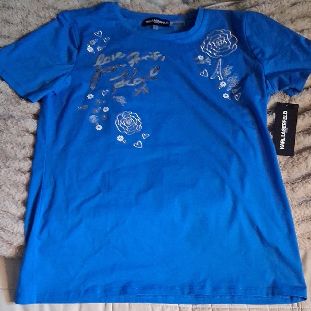 Karl Lagerfeld Blue Tee with Silver Floral Design